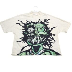 Manfinity Shirt Mens Medium White Monster Graphic Tee Mock Neck Horror Top